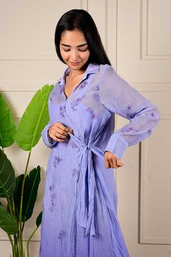 KKANYAAH_Blue Handloom Cotton, Silk Embroidery V-neck Floral Tie-up Dress _Online_at_Aza_Fashions