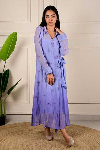 Buy_KKANYAAH_Blue Handloom Cotton, Silk Embroidery V-neck Floral Tie-up Dress _Online_at_Aza_Fashions