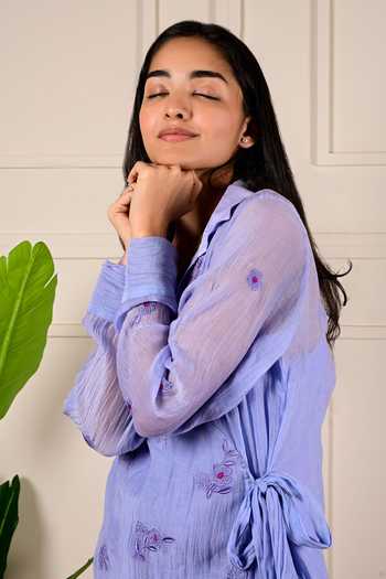 Shop_KKANYAAH_Blue Handloom Cotton, Silk Embroidery V-neck Floral Tie-up Dress _Online_at_Aza_Fashions