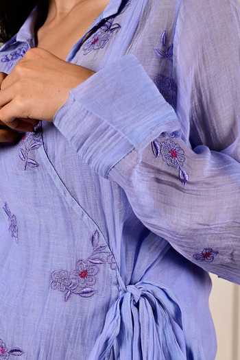 KKANYAAH_Blue Handloom Cotton, Silk Embroidery V-neck Floral Tie-up Dress _at_Aza_Fashions