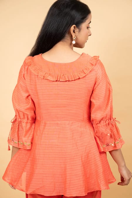 KKANYAAH_Peach Silk, Cotton Sequins V-neck Ruffle Detailed Tunic With Pant _Online_at_Aza_Fashions