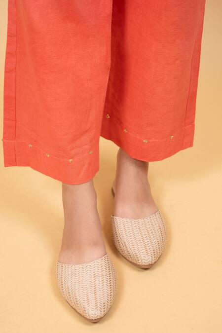 Buy_KKANYAAH_Peach Silk, Cotton Sequins V-neck Ruffle Detailed Tunic With Pant _Online_at_Aza_Fashions