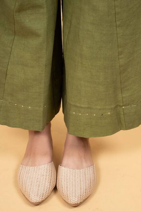 Buy_KKANYAAH_Green Silk, Cotton Sequins Collared Pin Tuck Tunic With Pant _Online_at_Aza_Fashions