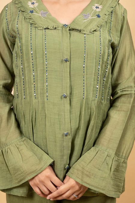 KKANYAAH_Green Silk, Cotton Sequins Collared Pin Tuck Tunic With Pant _at_Aza_Fashions