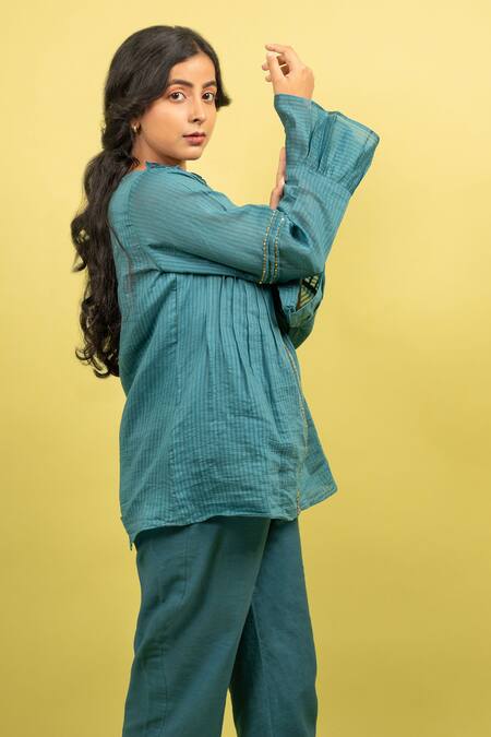 KKANYAAH_Blue Silk, Cotton Sequins Collared Embroidered Tunic With Pant _Online_at_Aza_Fashions