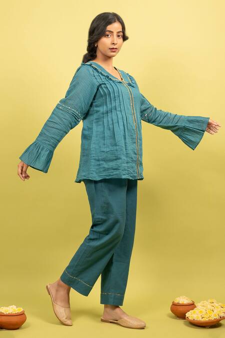 Buy_KKANYAAH_Blue Silk, Cotton Sequins Collared Embroidered Tunic With Pant _Online_at_Aza_Fashions