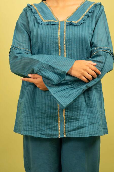 Shop_KKANYAAH_Blue Silk, Cotton Sequins Collared Embroidered Tunic With Pant _Online_at_Aza_Fashions