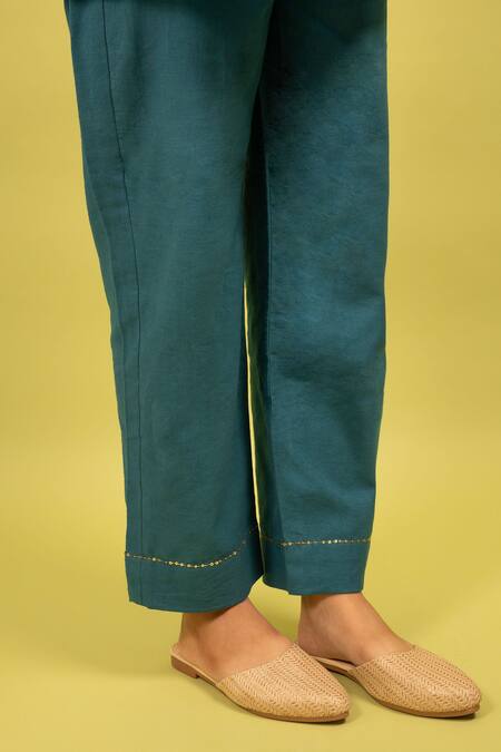 KKANYAAH_Blue Silk, Cotton Sequins Collared Embroidered Tunic With Pant _at_Aza_Fashions