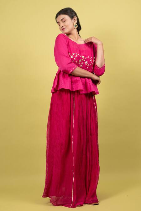 Buy_KKANYAAH_Pink Silk, Handloom Cotton, Organza Sequins, Embroidery Floral Tunic Skirt Set _Online_at_Aza_Fashions