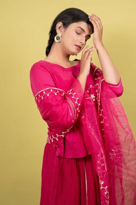 Shop_KKANYAAH_Pink Silk, Handloom Cotton, Organza Sequins, Embroidery Floral Tunic Skirt Set _Online_at_Aza_Fashions
