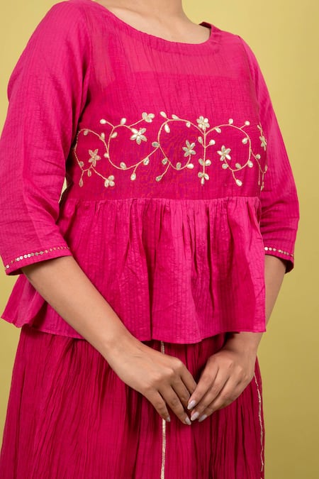 KKANYAAH_Pink Silk, Handloom Cotton, Organza Sequins, Embroidery Floral Tunic Skirt Set _at_Aza_Fashions