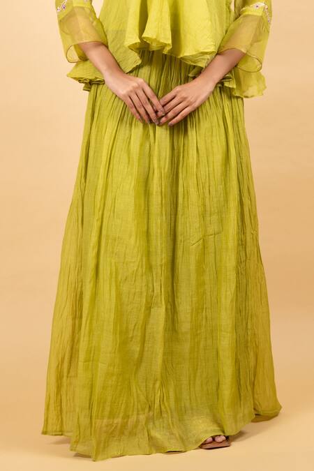 Buy_KKANYAAH_Green Silk, Handloom Cotton, Organza Embroidery V-neck Hand Tunic Skirt Set _Online_at_Aza_Fashions