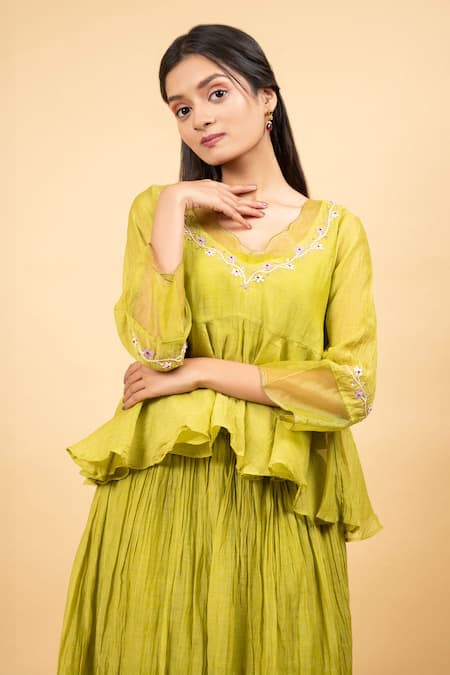 Shop_KKANYAAH_Green Silk, Handloom Cotton, Organza Embroidery V-neck Hand Tunic Skirt Set _Online_at_Aza_Fashions