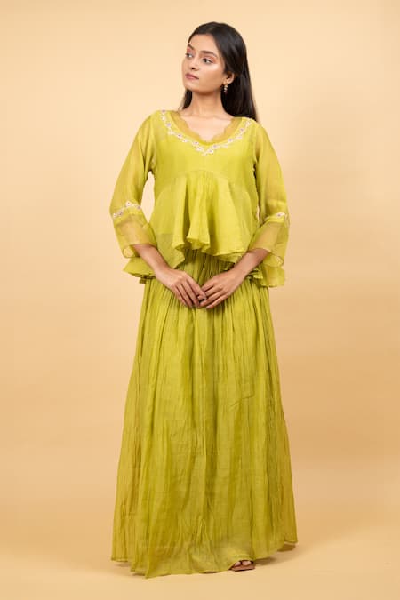 KKANYAAH_Green Silk, Handloom Cotton, Organza Embroidery V-neck Hand Tunic Skirt Set _at_Aza_Fashions