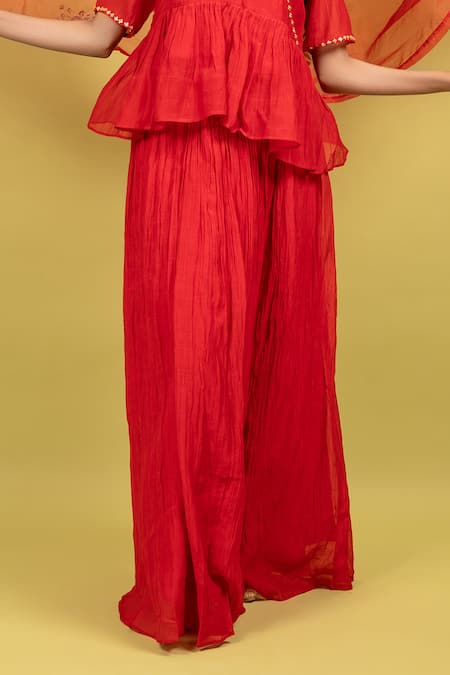 Buy_KKANYAAH_Red Silk, Handloom Cotton, Organza Embroidery Solid Gathered Skit Tunic Set _Online_at_Aza_Fashions