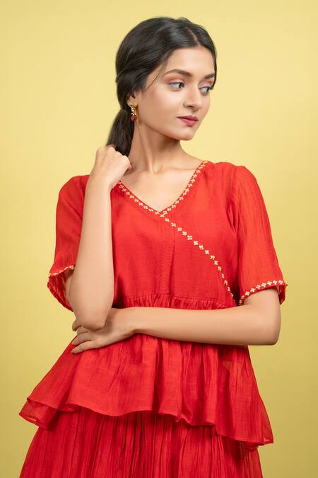 Shop_KKANYAAH_Red Silk, Handloom Cotton, Organza Embroidery Solid Gathered Skit Tunic Set _Online_at_Aza_Fashions