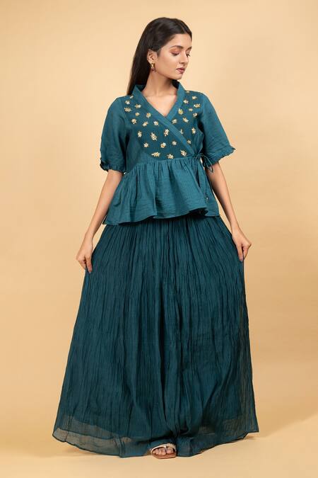 Shop_KKANYAAH_Green Silk, Handloom Cotton, Organza Embroidery Floral Hand Wrap Tunic Set _Online_at_Aza_Fashions