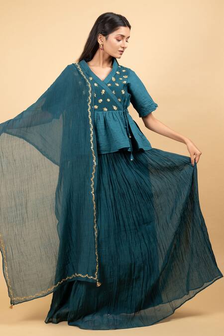 KKANYAAH_Green Silk, Handloom Cotton, Organza Embroidery Floral Hand Wrap Tunic Set _at_Aza_Fashions