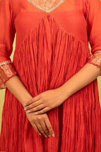 Shop_KKANYAAH_Red Handloom Cotton, Cotton, Silk Gota Patti, Embroidery Hand Anarkali Set _Online_at_Aza_Fashions