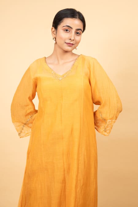 Shop KKANYAAH Yellow Silk, Cotton Embroidery, Sequins V-neck Handwoven Kurta Set Online at Aza Fashions Shop_KKANYAAH_Yellow Silk, Cotton Embroidery, Sequins V-neck Handwoven Kurta Set _Online_at_Aza_Fashions