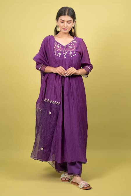 Buy Purple Kurta And Inner Pure Handwoven Silk Embroidery Gota V Neck ...