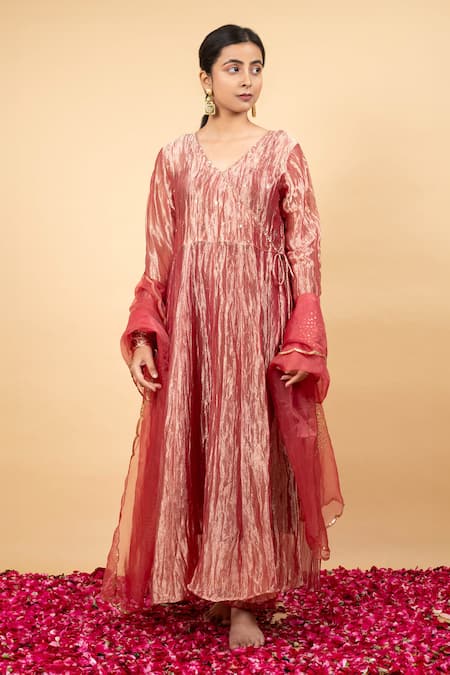 KKANYAAH Orange Tissue, Cotton, Organza Sequins, Embroidery V-neck Angrakha Anarkali Set Online at Aza Fashions KKANYAAH_Orange Tissue, Cotton, Organza Sequins, Embroidery V-neck Angrakha Anarkali Set _Online_at_Aza_Fashions