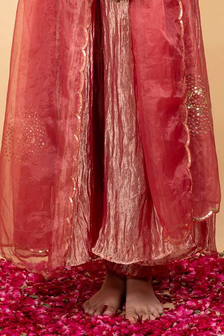 Buy KKANYAAH Orange Tissue, Cotton, Organza Sequins, Embroidery V-neck Angrakha Anarkali Set Buy_KKANYAAH_Orange Tissue, Cotton, Organza Sequins, Embroidery V-neck Angrakha Anarkali Set