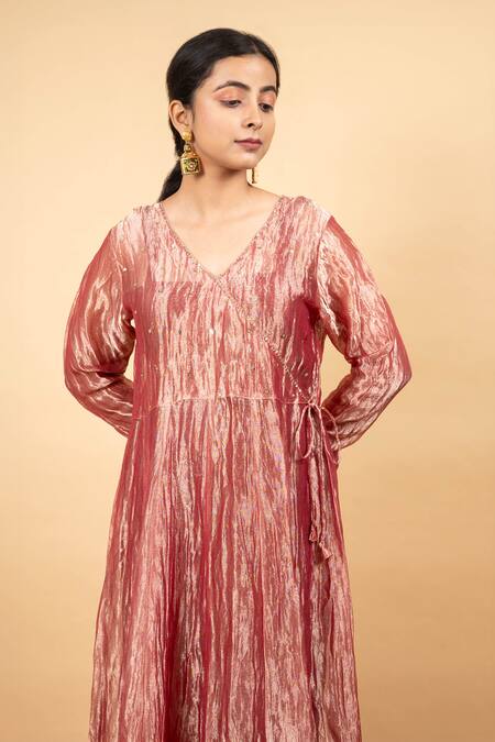 Shop KKANYAAH Orange Tissue, Cotton, Organza Sequins, Embroidery V-neck Angrakha Anarkali Set Shop_KKANYAAH_Orange Tissue, Cotton, Organza Sequins, Embroidery V-neck Angrakha Anarkali Set