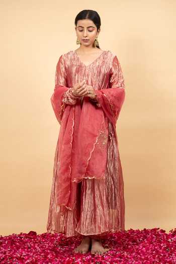 Kkanyaah Coral Tissue, Cotton, Organza Sequins, Embroidery V-neck Angrakha Anarkali Set at Aza Fashions Kkanyaah_Coral Tissue, Cotton, Organza Sequins, Embroidery V-neck Angrakha Anarkali Set_at_Aza_Fashions