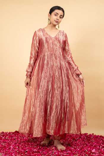 Buy Kkanyaah Coral Tissue, Cotton, Organza Sequins, Embroidery V-neck Angrakha Anarkali Set Buy_Kkanyaah_Coral Tissue, Cotton, Organza Sequins, Embroidery V-neck Angrakha Anarkali Set