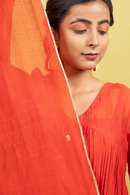 Shop_KKANYAAH_Red Handloom , Silk, Embroidery, Gota Patti Border Anarkali Set _Online_at_Aza_Fashions