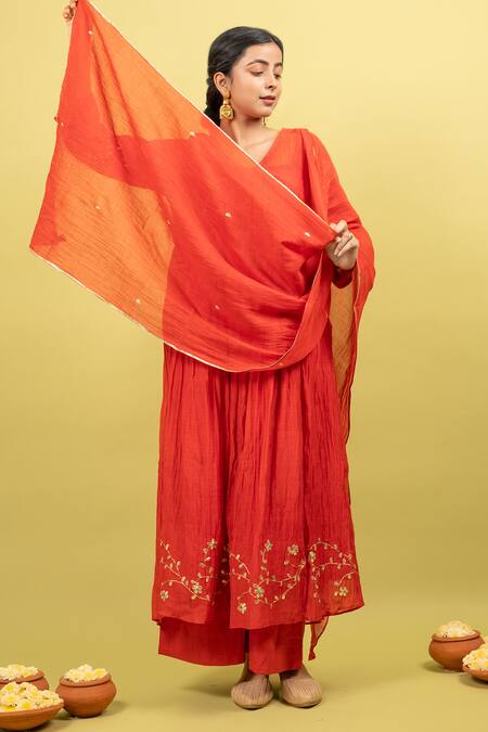 KKANYAAH_Red Handloom , Silk, Embroidery, Gota Patti Border Anarkali Set _at_Aza_Fashions