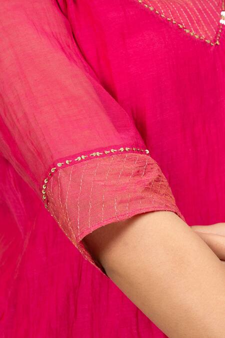 Shop_KKANYAAH_Pink Silk, Cotton Sequins, Beads, Zari Boat Neck Thread Embroidered Kurta Set _Online_at_Aza_Fashions