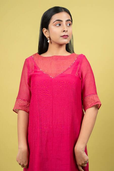 KKANYAAH_Pink Silk, Cotton Sequins, Beads, Zari Boat Neck Thread Embroidered Kurta Set _at_Aza_Fashions
