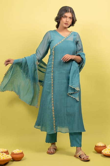 KKANYAAH Floral Border Embroidered Angrakha Set 