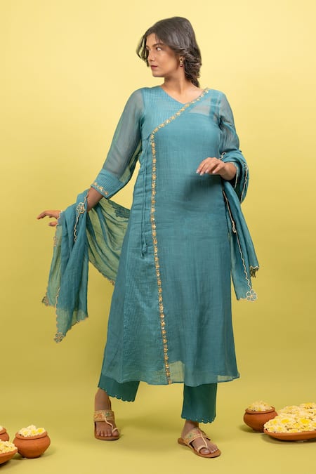 Shop_KKANYAAH_Blue Silk, Cotton Zari, Sequins V-neck Floral Border Embroidered Angrakha Set _Online_at_Aza_Fashions