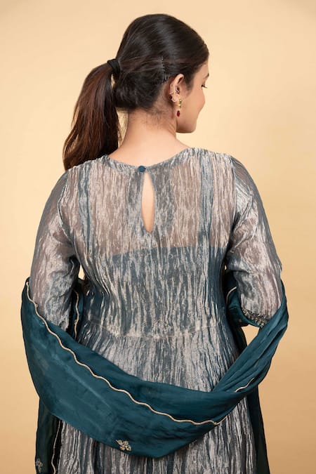 KKANYAAH Green Tissue, Cotton, Organza Zari, Sequins Round Handwoven Silk Anarkali Set Online at Aza Fashions KKANYAAH_Green Tissue, Cotton, Organza Zari, Sequins Round Handwoven Silk Anarkali Set _Online_at_Aza_Fashions