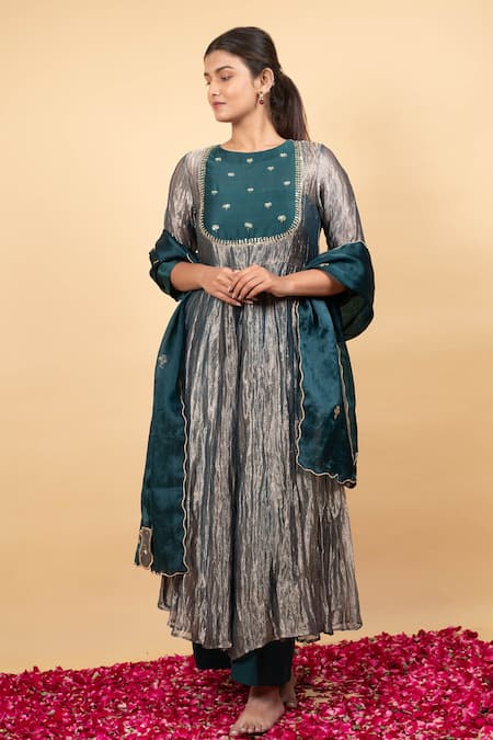 Shop KKANYAAH Green Tissue, Cotton, Organza Zari, Sequins Round Handwoven Silk Anarkali Set Online at Aza Fashions Shop_KKANYAAH_Green Tissue, Cotton, Organza Zari, Sequins Round Handwoven Silk Anarkali Set _Online_at_Aza_Fashions