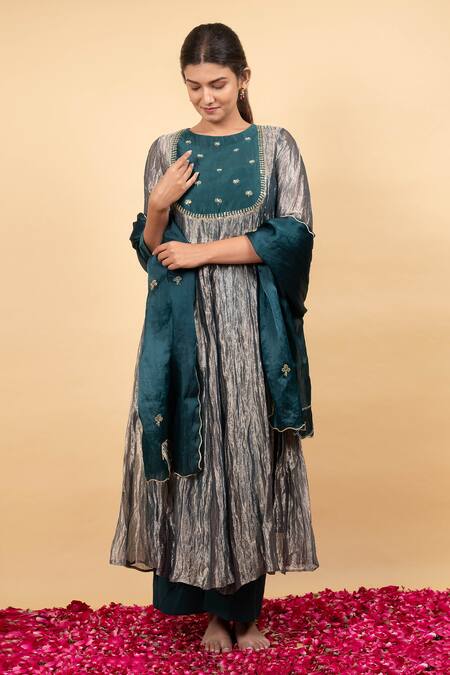 KKANYAAH Green Tissue, Cotton, Organza Zari, Sequins Round Handwoven Silk Anarkali Set at Aza Fashions KKANYAAH_Green Tissue, Cotton, Organza Zari, Sequins Round Handwoven Silk Anarkali Set _at_Aza_Fashions