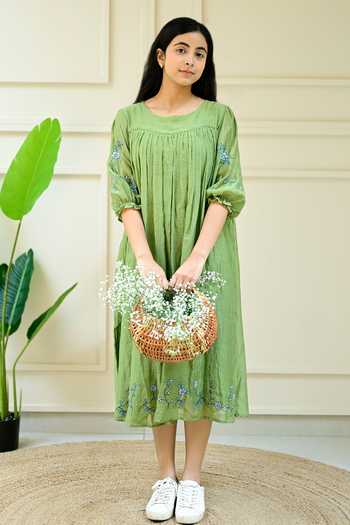 KKANYAAH_Green Silk, Cotton Embroidery Round Neck Floral Sleeve Dress _Online_at_Aza_Fashions