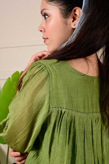 Buy_KKANYAAH_Green Silk, Cotton Embroidery Round Neck Floral Sleeve Dress _Online_at_Aza_Fashions