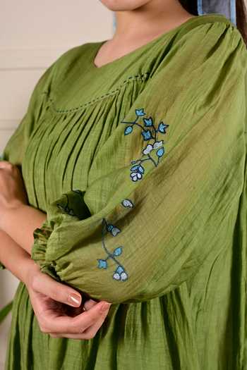 Shop_KKANYAAH_Green Silk, Cotton Embroidery Round Neck Floral Sleeve Dress _Online_at_Aza_Fashions