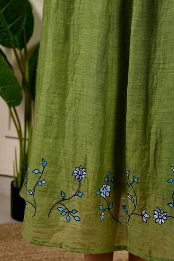 KKANYAAH_Green Silk, Cotton Embroidery Round Neck Floral Sleeve Dress _at_Aza_Fashions