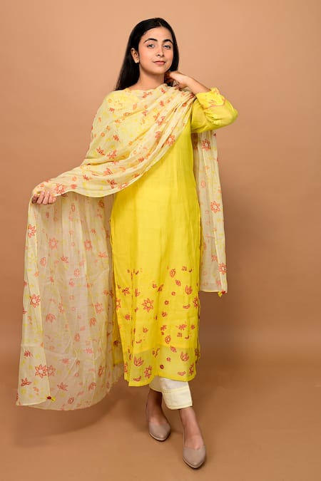 KKANYAAH Silk Floral Print Kurta Contrast Pant Set 