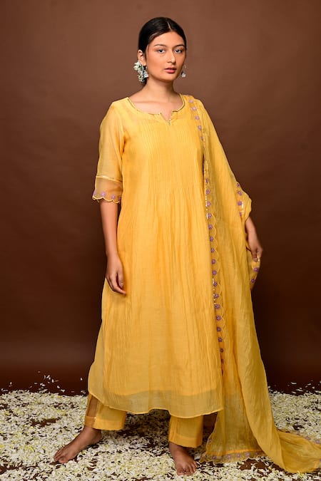 KKANYAAH Yellow Silk, Cotton Embroidery, Sequins Split V-neck Pintuck Kurta Pant Set