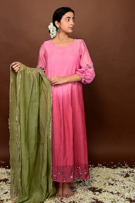 KKANYAAH Pink Silk, Cotton Embroidery Round Neck Ombre Pintuck Kurta Pant Set