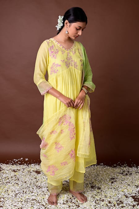 KKANYAAH Yellow Handloom , Silk, Threadwork Yoke Anarkali Pant Set