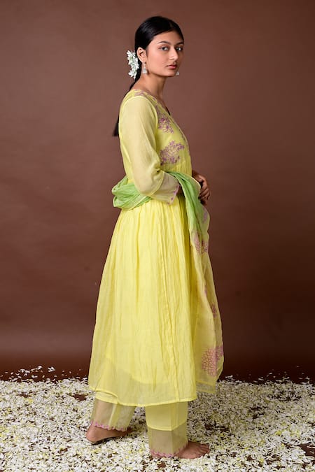 KKANYAAH Yellow Handloom , Silk, Threadwork Yoke Anarkali Pant Set Online at Aza Fashions KKANYAAH_Yellow Handloom , Silk, Threadwork Yoke Anarkali Pant Set _Online_at_Aza_Fashions
