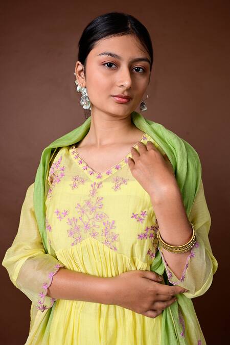 Shop KKANYAAH Yellow Handloom , Silk, Threadwork Yoke Anarkali Pant Set Online at Aza Fashions Shop_KKANYAAH_Yellow Handloom , Silk, Threadwork Yoke Anarkali Pant Set _Online_at_Aza_Fashions