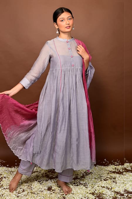 KKANYAAH Silk Gathered Anarkali Set With Ombre Dupatta 